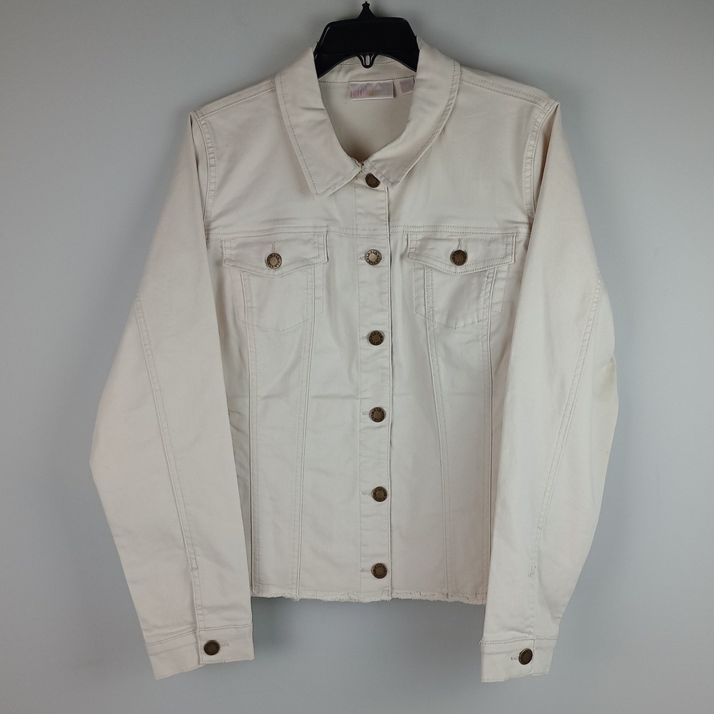 Belle by Kim Gravel Womens L Cream Raw Hem Stretch Denim Jean Jacket